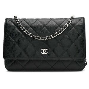 CHANEL Black Quilted Caviar Leather Wallet on Chain